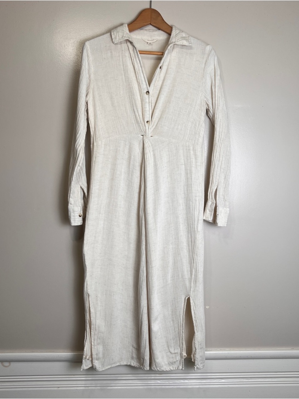 Long Sleeve Button V-Neck Cream Midi Dress